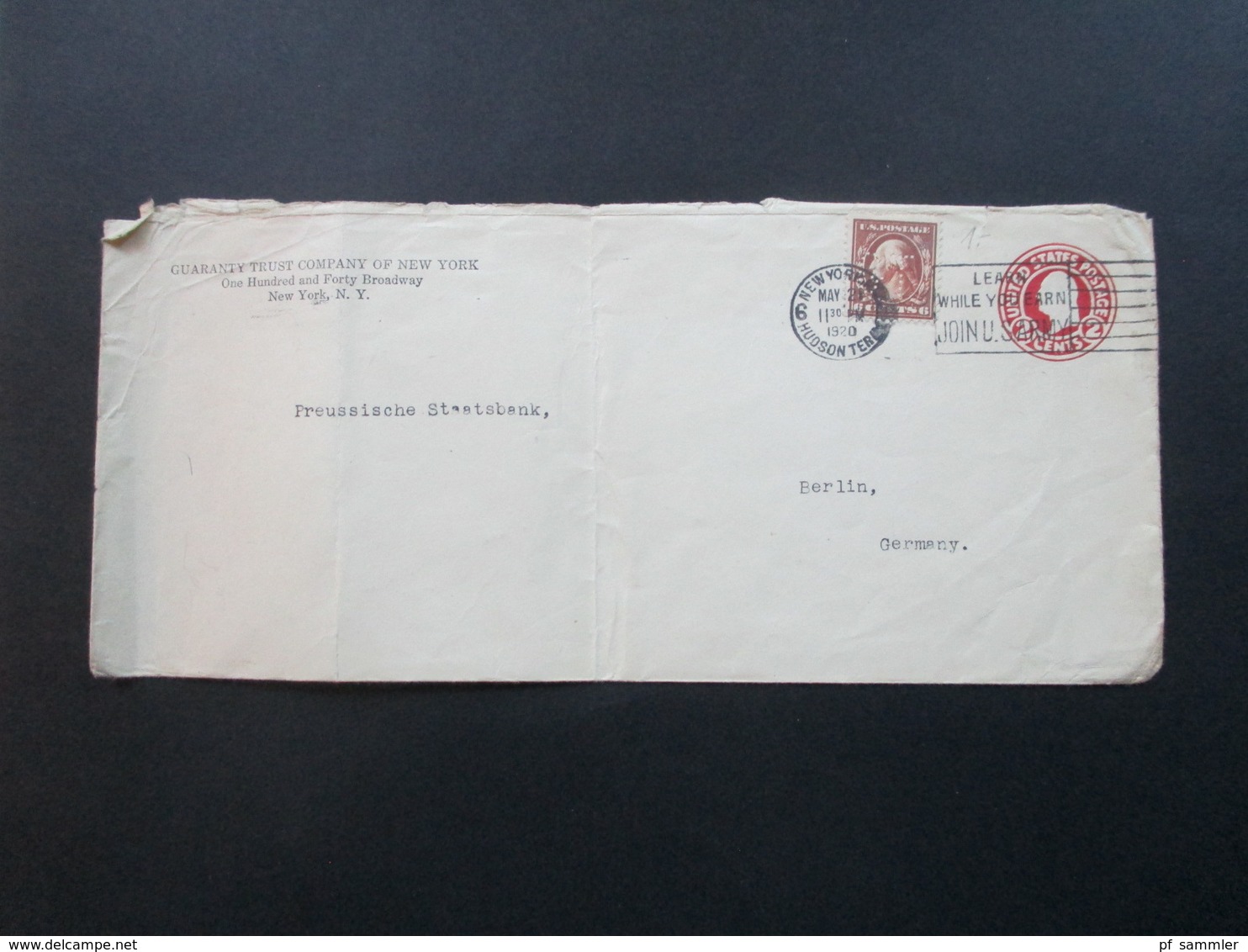 USA 1920 GA Umschlag Mit Zusatzfrankatur Und Perfin / Lochung! Guaranty Trust Company Of New York - Cartas & Documentos