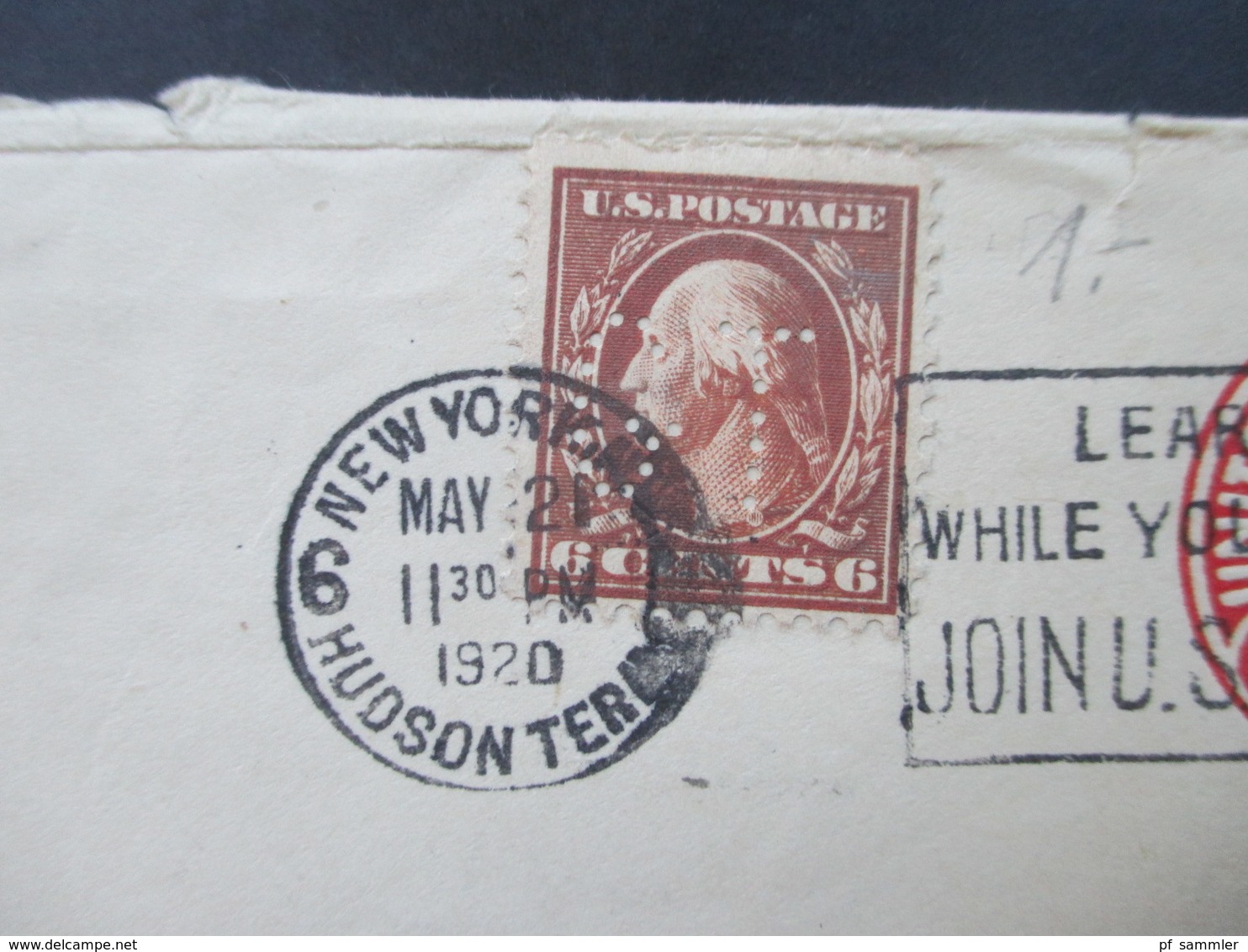 USA 1920 GA Umschlag Mit Zusatzfrankatur Und Perfin / Lochung! Guaranty Trust Company Of New York - Brieven En Documenten