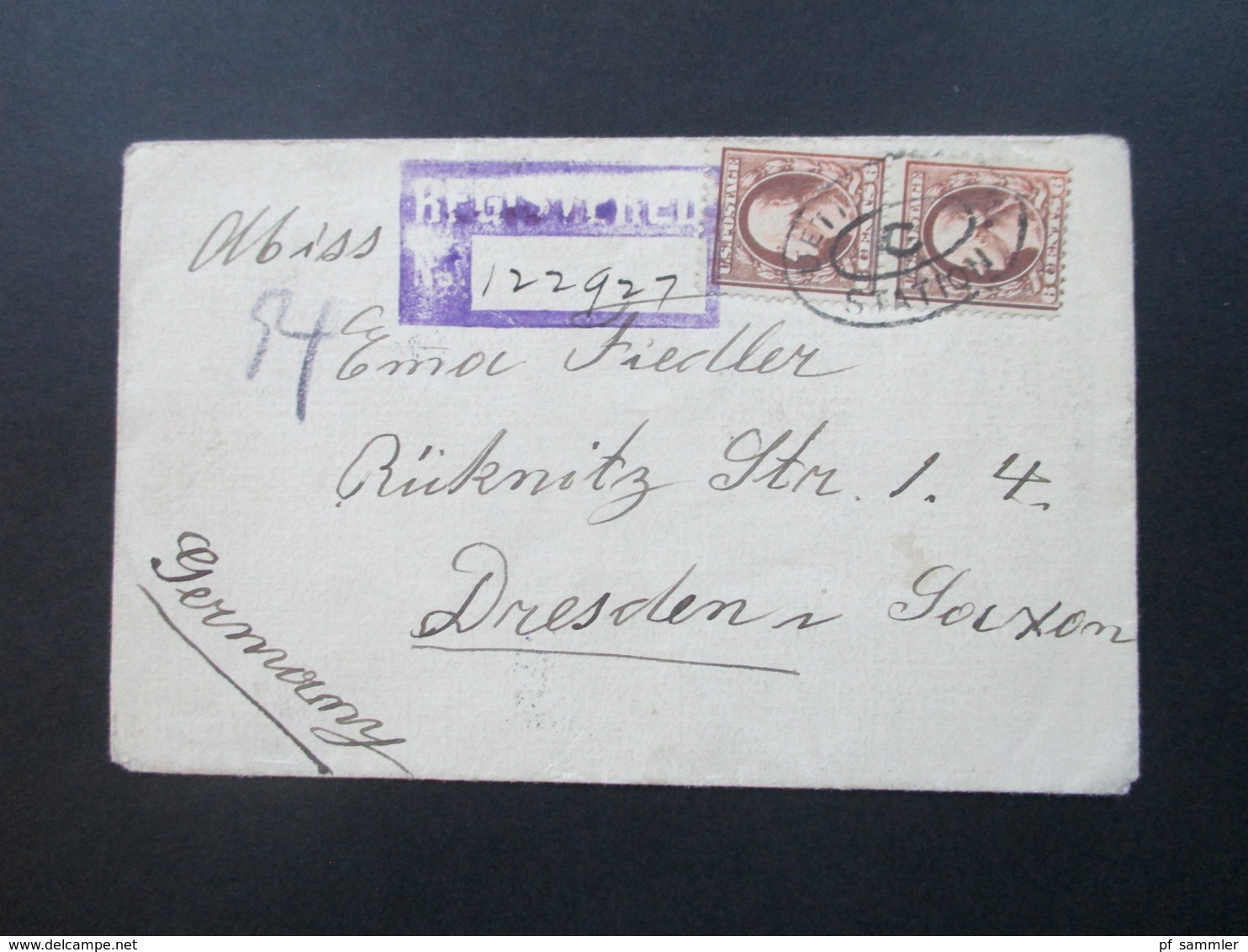 USA 1913 Registered Mail / Letter Nach Dresden Mit Gestempeltem R-Zettel. Viele Stempel - Briefe U. Dokumente