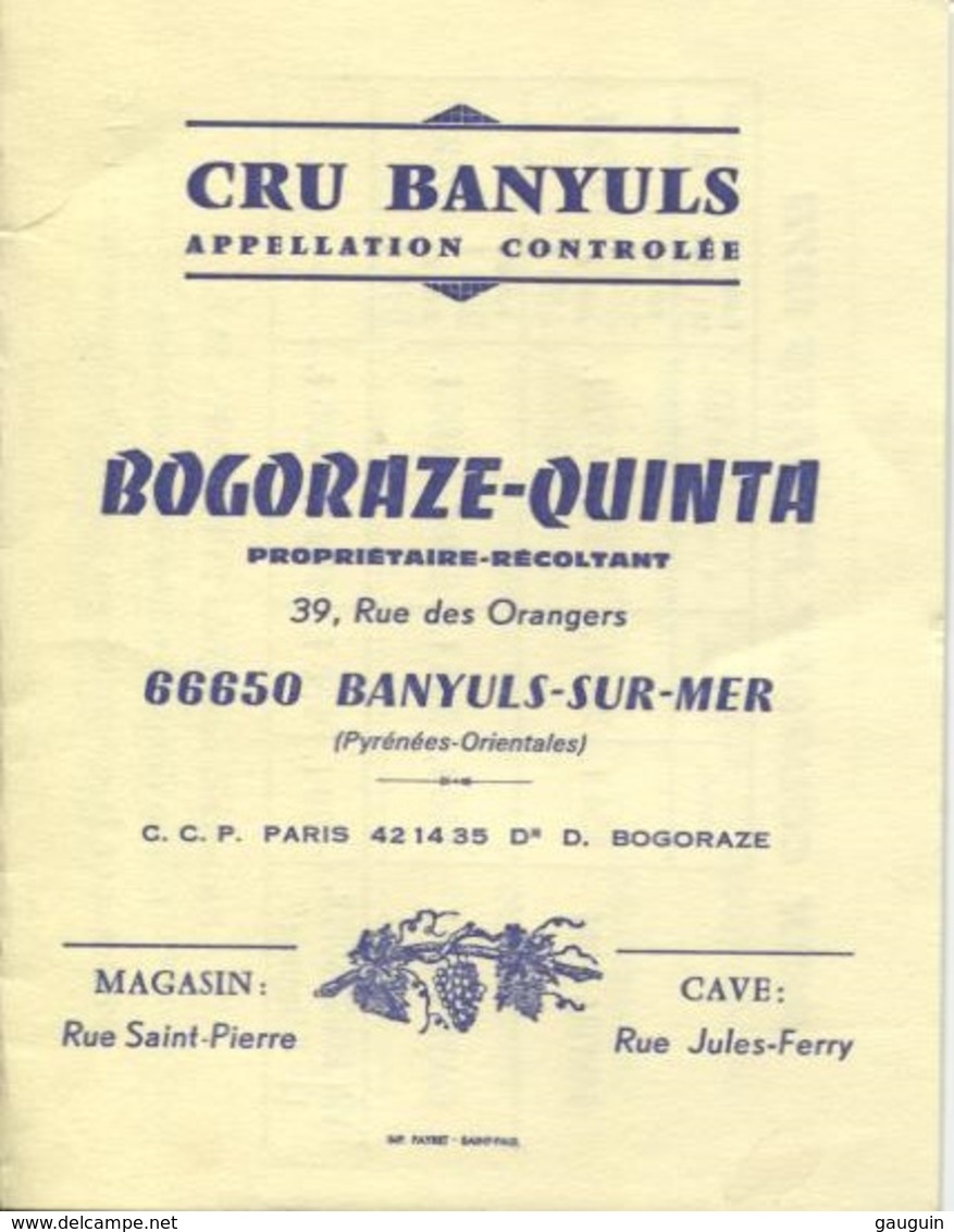 CARTE COMMERCIAL - CRU BANYULS - BOGORAZE-QUINTA Ppriétaire Récoltant - Tarif 1978 - Visiting Cards