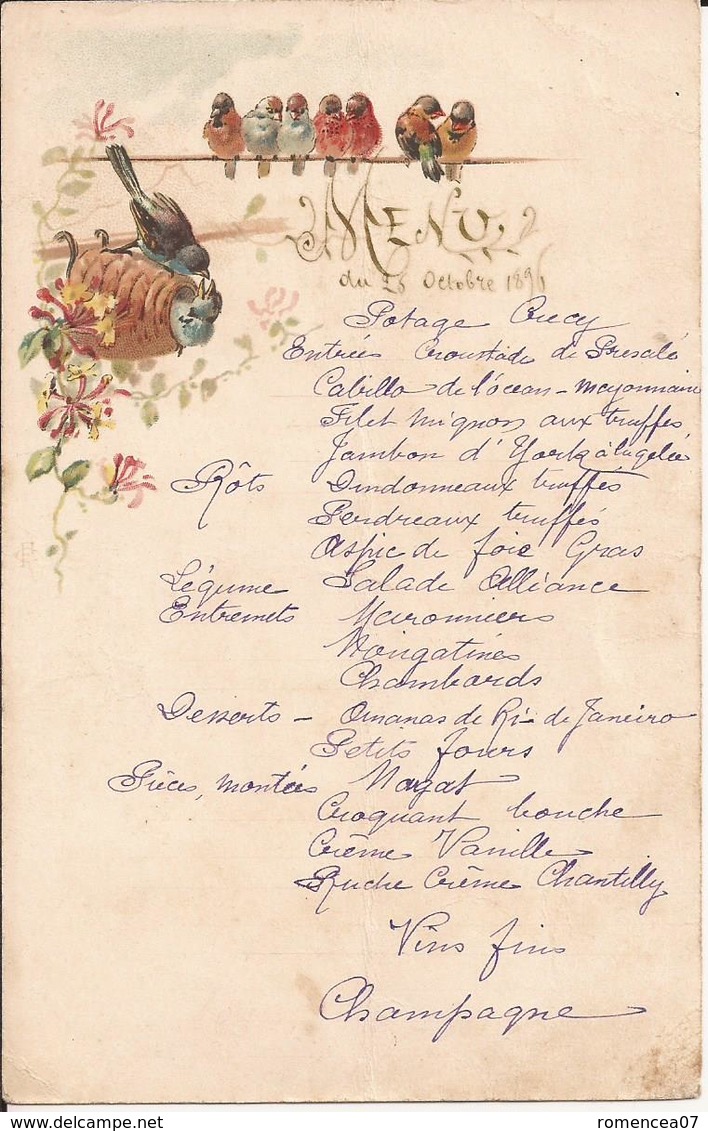 MENU " CHAMPÊTRE " ANCIEN  Du 23 Octobre 1895 ! - OISEAUX Du CIEL  - A Voir ! - Menus