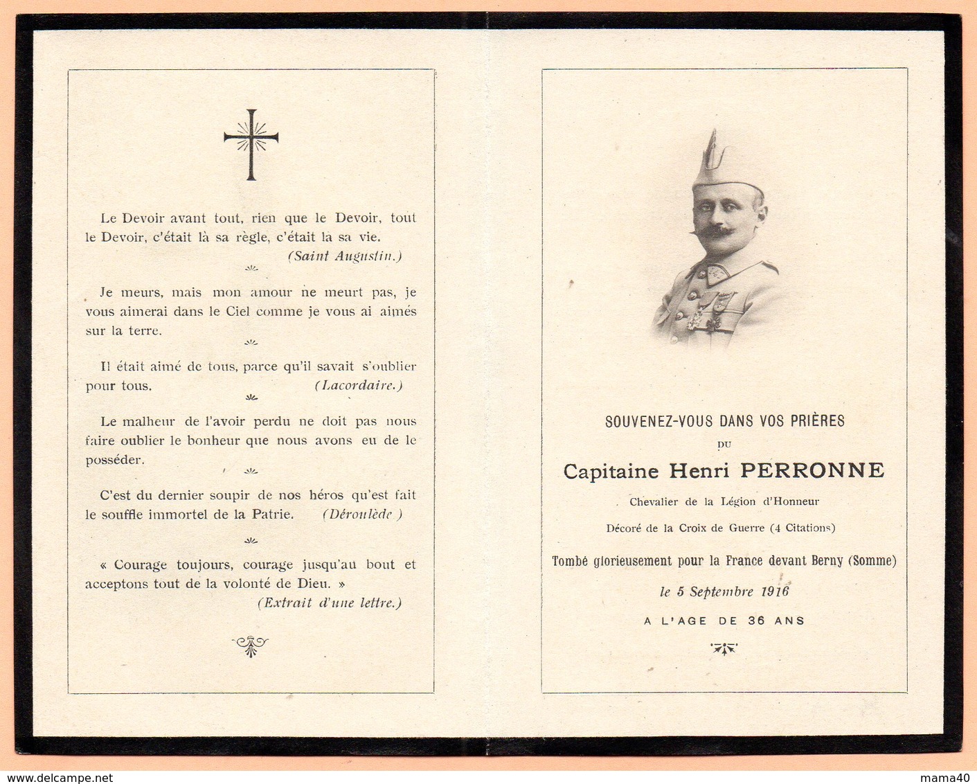 AVIS DE DECES - WWI - CAPITAINE PERRONNE - MORT POUR LA FRANCE - 80 BERNY EN SANTERRE - LEGION D'HONNEUR CROIX DE GUERRE - Overlijden