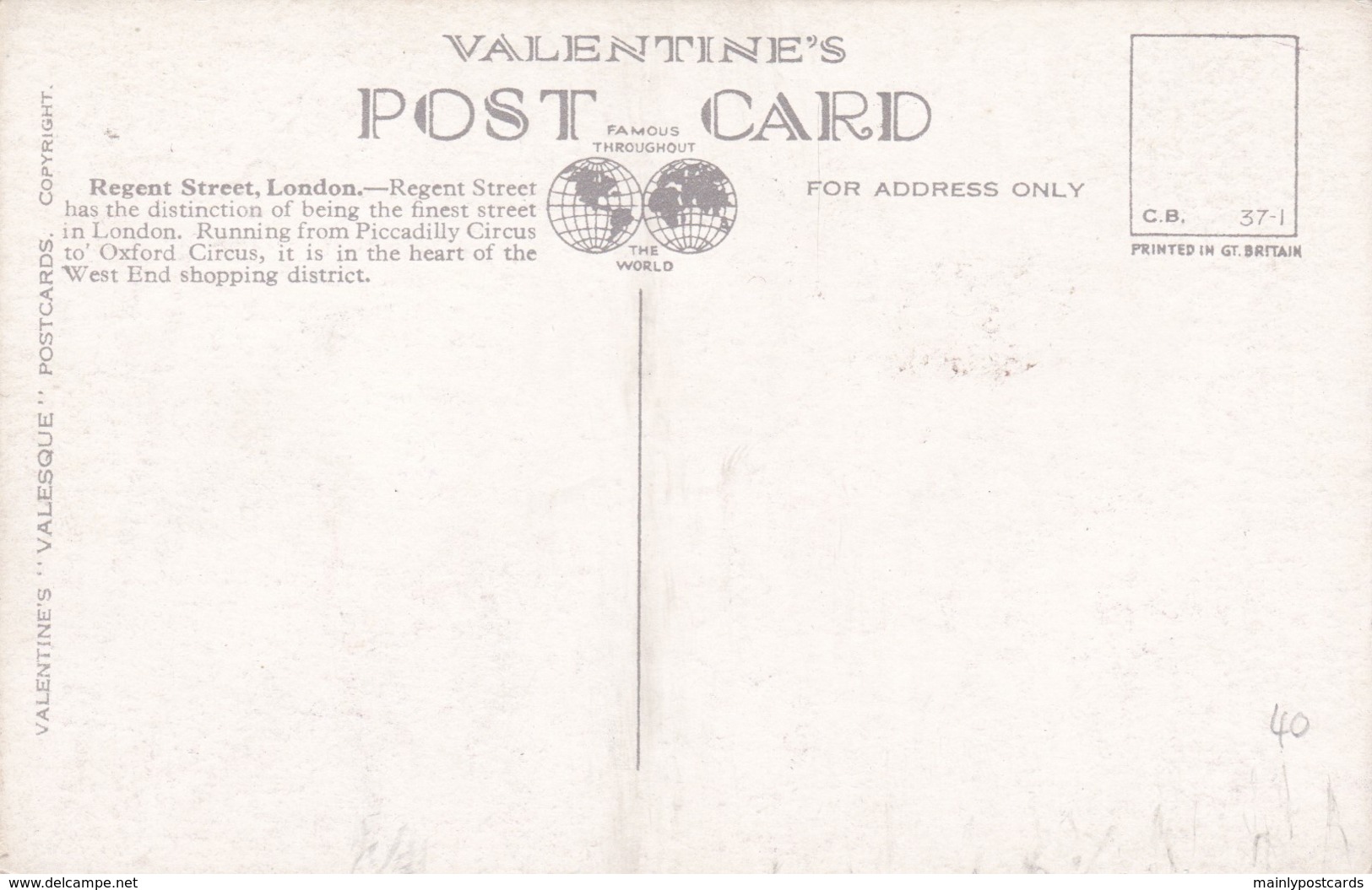 AR94 Regent Street, London - Valentine Valesque Postcard, Buses - Other & Unclassified