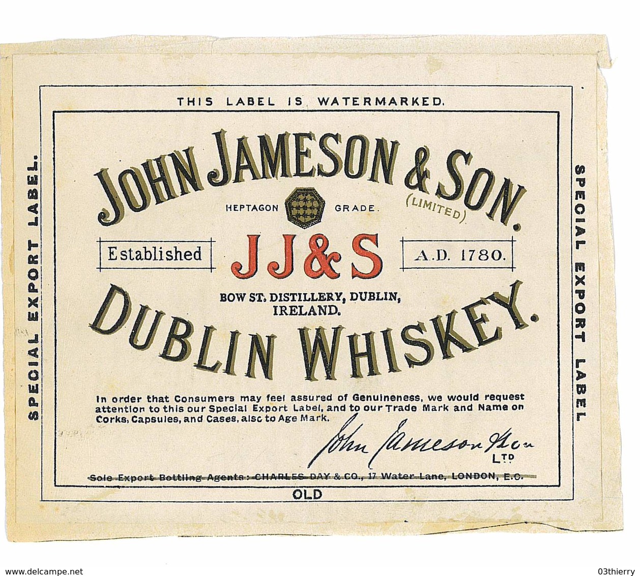ETIQUETTE ALCOOL WHISKY JOHN JAMESON &SON DUBLIN WHISKEY - Whisky