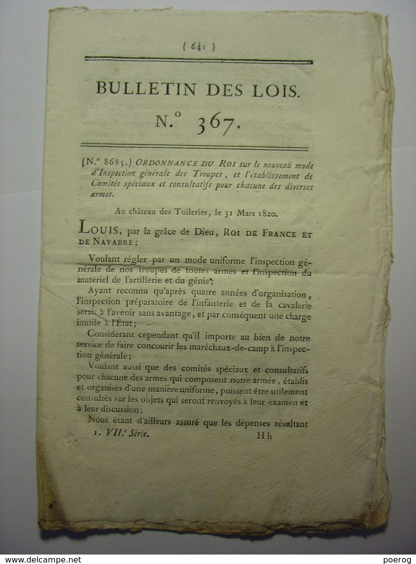 BULLETIN DES LOIS 1820 - INSPECTION TROUPE MILITAIRE - MARECHAUX DE CAMP - GENDARMERIE ROYALE - ECOLE ARTILLERIE GENIE - Décrets & Lois