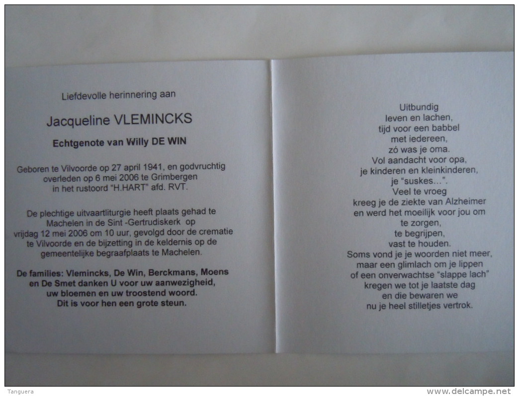 Doodsprentje Jacqueline Vleminckx Vilvoorde 194 Grimbergen Rustoord 2006 Echtg Willy De Win Beuselinck - Images Religieuses