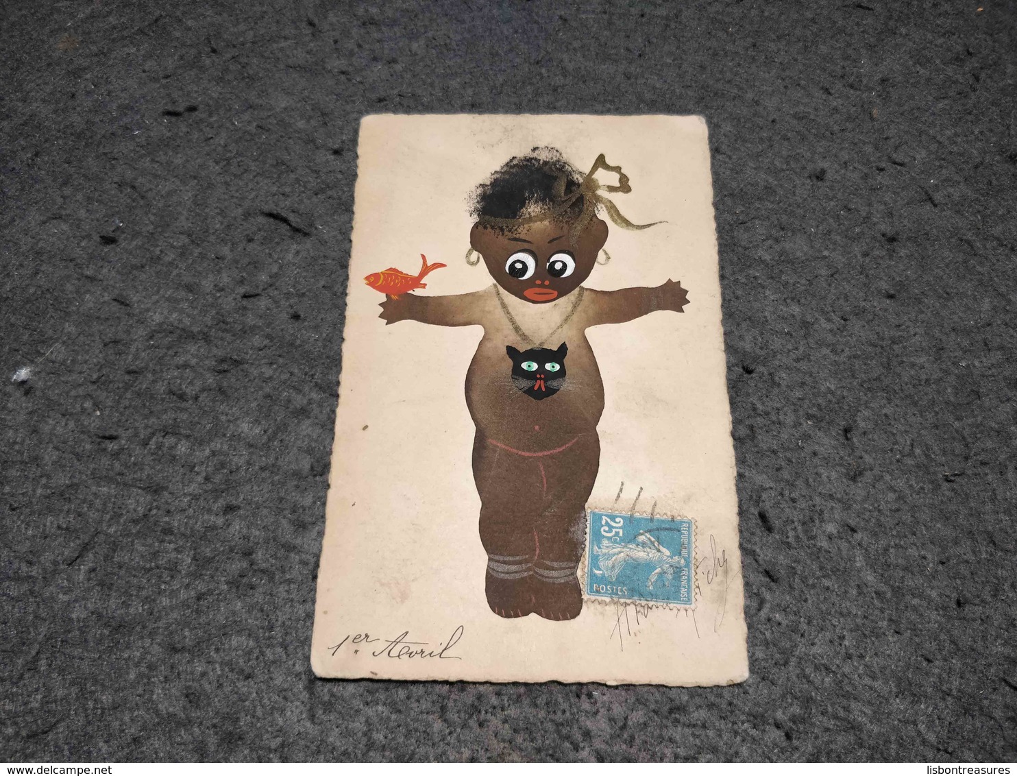 ANTIQUE POSTCARD BLACK AMERICANA ILLUSTRATION HANDPAINTED UNKNOWN SIGNED CIRCULATED FRANCE - Altri & Non Classificati