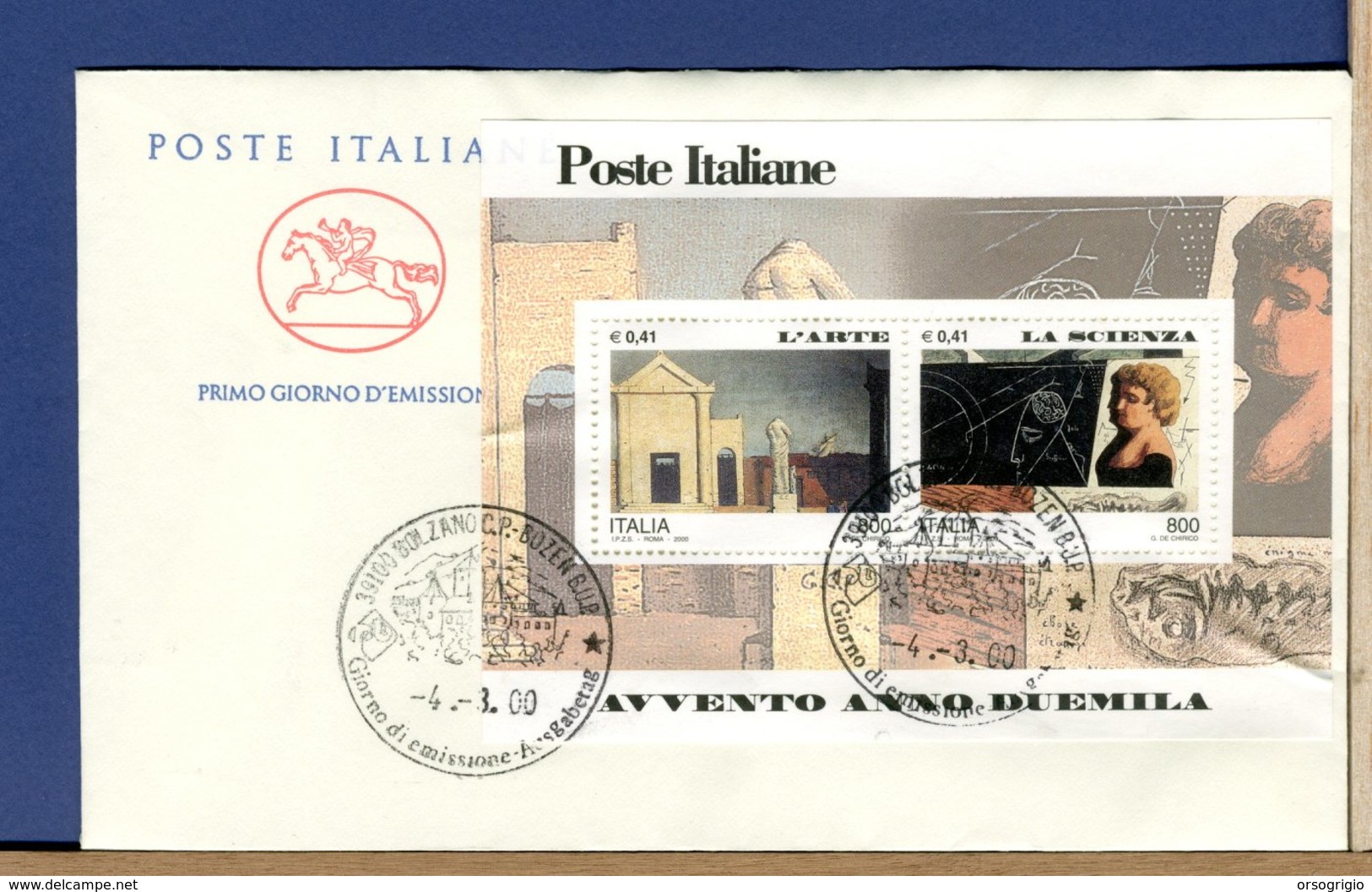 ITALIA - FDC CAVALLINO 2000 -  FOGLIETTO AVVENTO ANNO DUEMILA - L'ARTE - LA SCIENZA - FDC