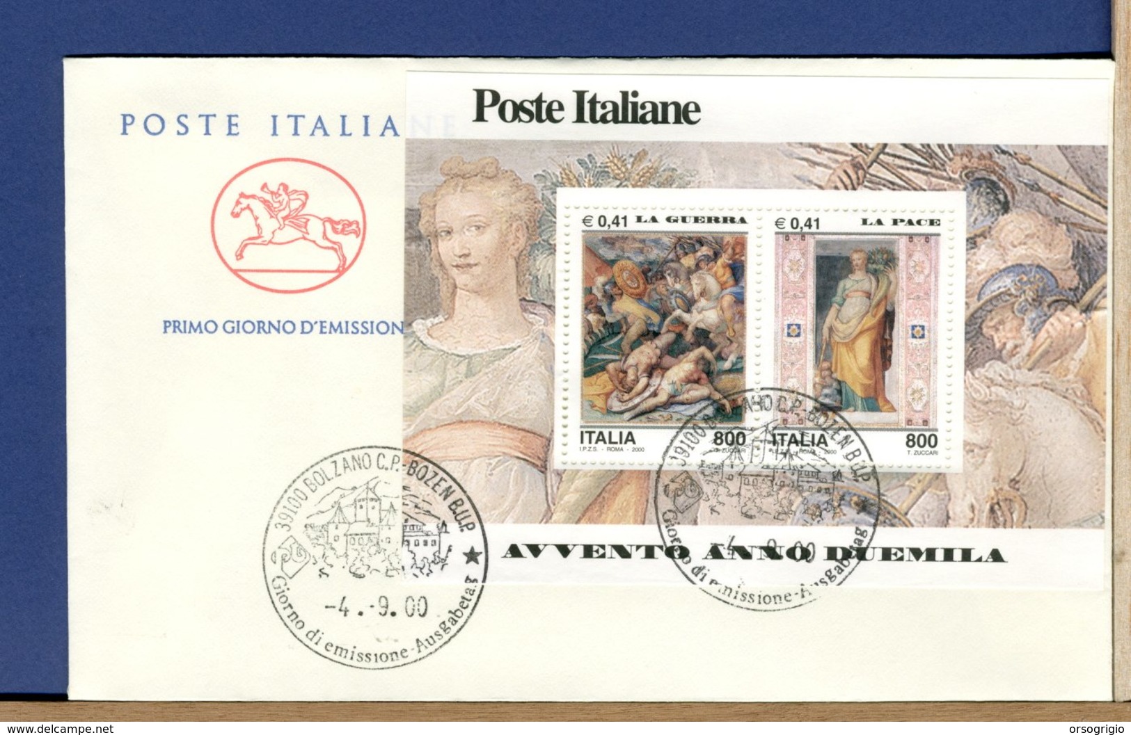 ITALIA - FDC CAVALLINO 2000 -  FOGLIETTO AVVENTO ANNO DUEMILA - GUERRA  -  PACE - FDC