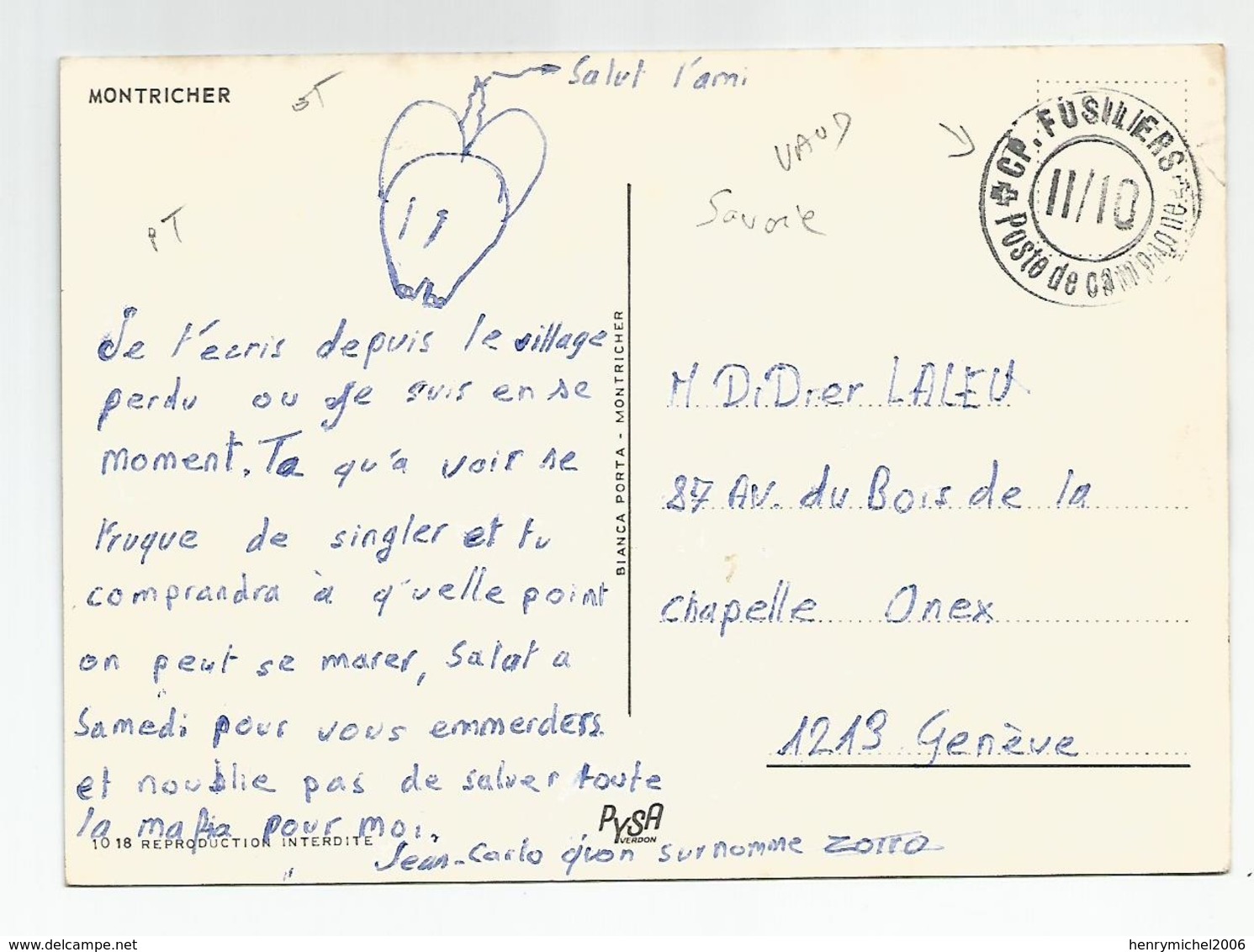 Suisse Vaud  Montricher Cachet Poste De Campagne Fusiliers 11/10 - Montricher