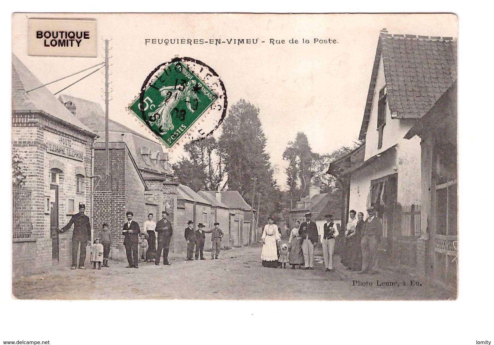 80 Feuquieres En Vimeu Rue De La Poste Cpa Carte Rare Avec Cette Animation Cachet Feuquieres 1908 Photo Lenne - Feuquieres En Vimeu