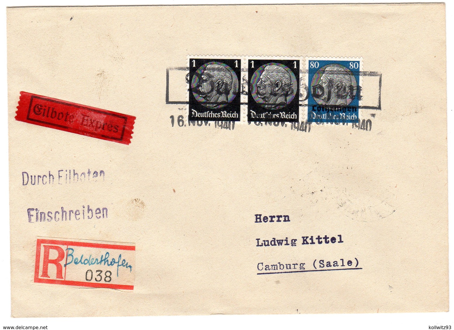 Dt. Besetzung Lothringen; Einschr./Eilboten-Brief Mit Not.-stpl. "Belderthofen" - Besetzungen 1938-45