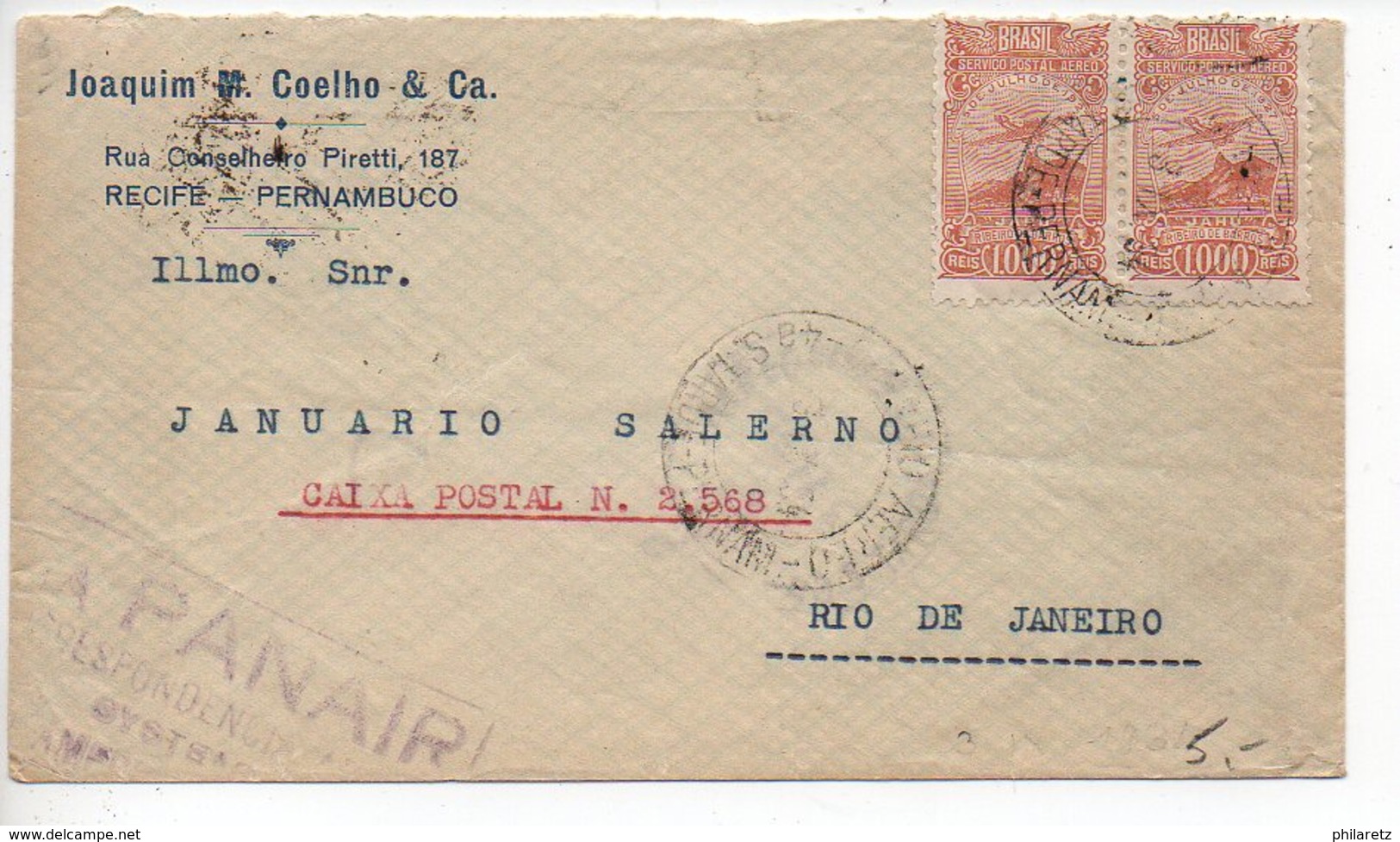 Brésil : Lettre Par Avion De 1934 De Pernambuco Pour Rio De Janeiro Via PANAIR - Luchtpost