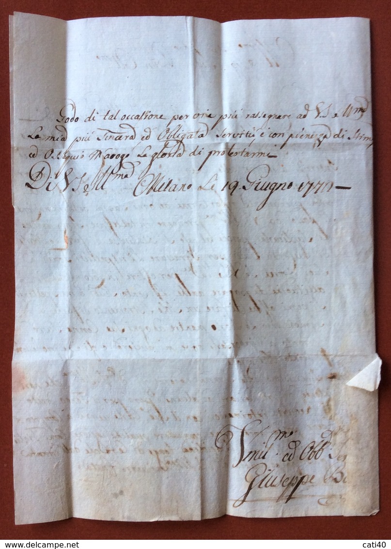 MILANO 19/6/1772  LETTERA COMPLETA  A CARLO VICARIO BARONE DI S.AGABIO A CANNERO - ...-1850 Voorfilatelie