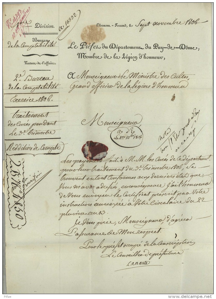 Préfet Puy-de-Dôme + 52 CLERMONT / LàC 1806 Pour Le Ministre Des Cultes Portalis . Traitement Des Curés . - 1801-1848: Précurseurs XIX