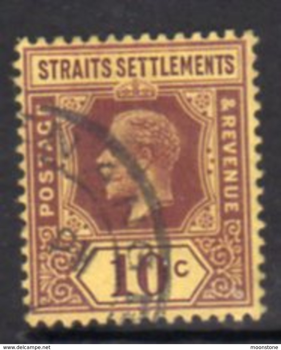 Malaya Straits Settlements GV 1912-23 10c Purple On Yellow Paper, Wmk. Multiple Crown CA, Used, SG 202 - Straits Settlements