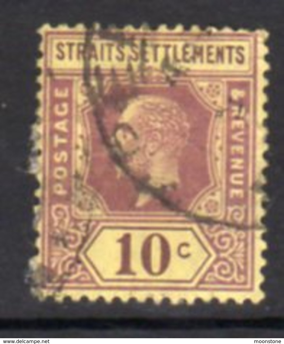 Malaya Straits Settlements GV 1912-23 10c Purple On Yellow Paper, Wmk. Multiple Crown CA, Used, SG 202 - Straits Settlements