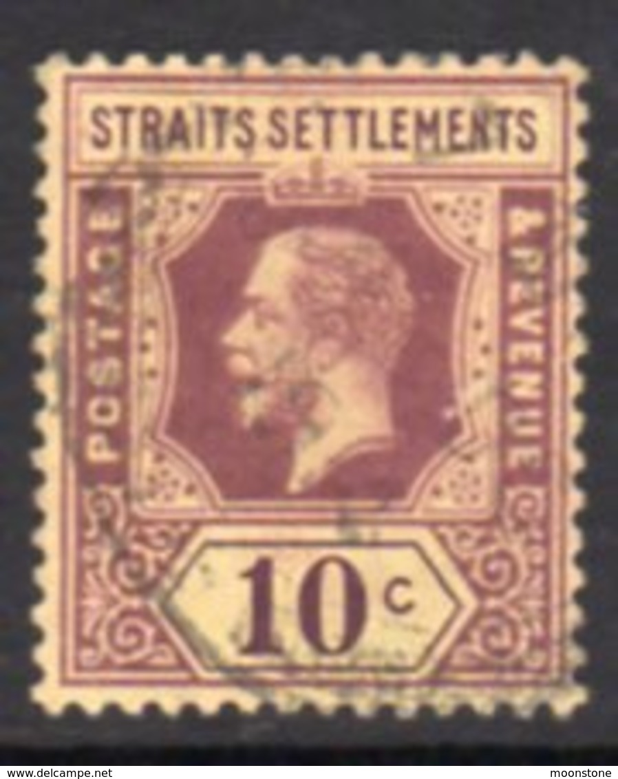 Malaya Straits Settlements GV 1912-23 10c Purple On Lemon Paper, Wmk. Multiple Crown CA, Used, SG 202c - Straits Settlements