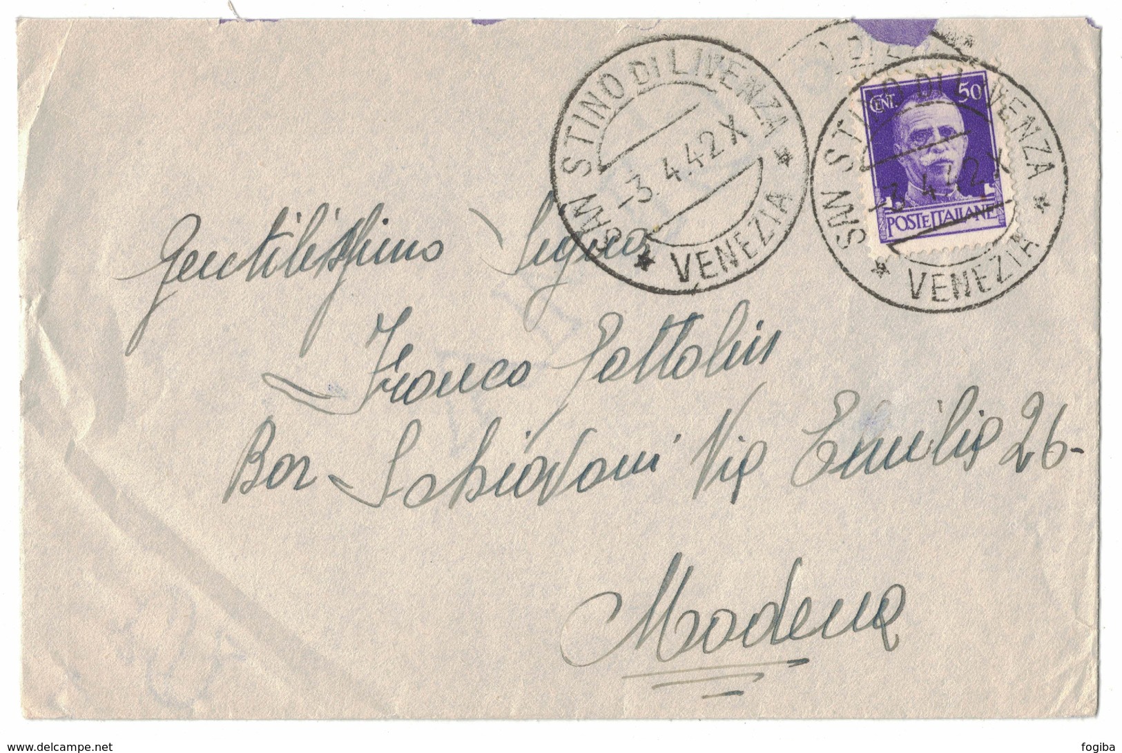 AI135  Regno 1942 Lettera Con Annullo SAN STINO DI LIVENZA (VE) X Modena 50c Imperiale - Marcophilia