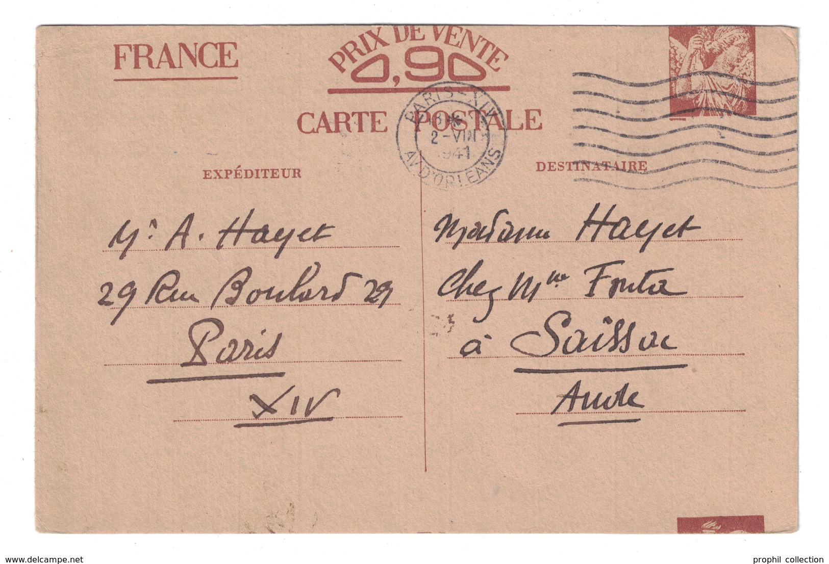 CARTE ENTIER POSTAL IRIS INTERZONE Avec SUPERBE ET RARE VARIÉTÉ DE DÉCOUPE À CHEVAL CIRCULÉ 1941 OMEC PARIS ORLEANS - Cartes Postales Types Et TSC (avant 1995)