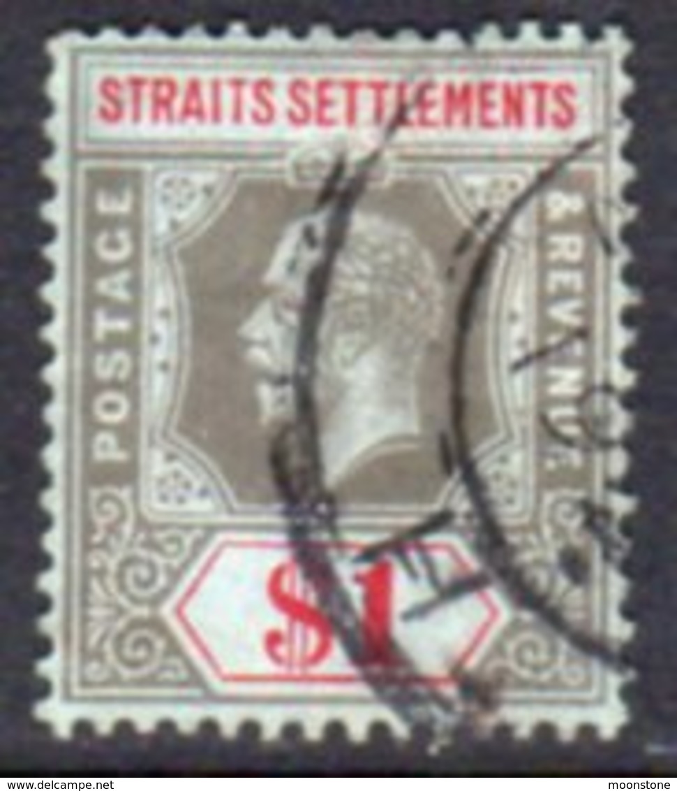Malaya Straits Settlements GV 1912-23 $1 Black & Red On Green Paper, Wmk. Multiple Crown CA, Used, SG 210 - Straits Settlements