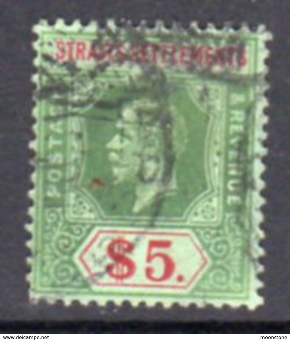 Malaya Straits Settlements GV 1912-23 $5 Green & Red On Green Paper, Green Back, Wmk. Multiple Crown CA, Used, SG 212a - Straits Settlements