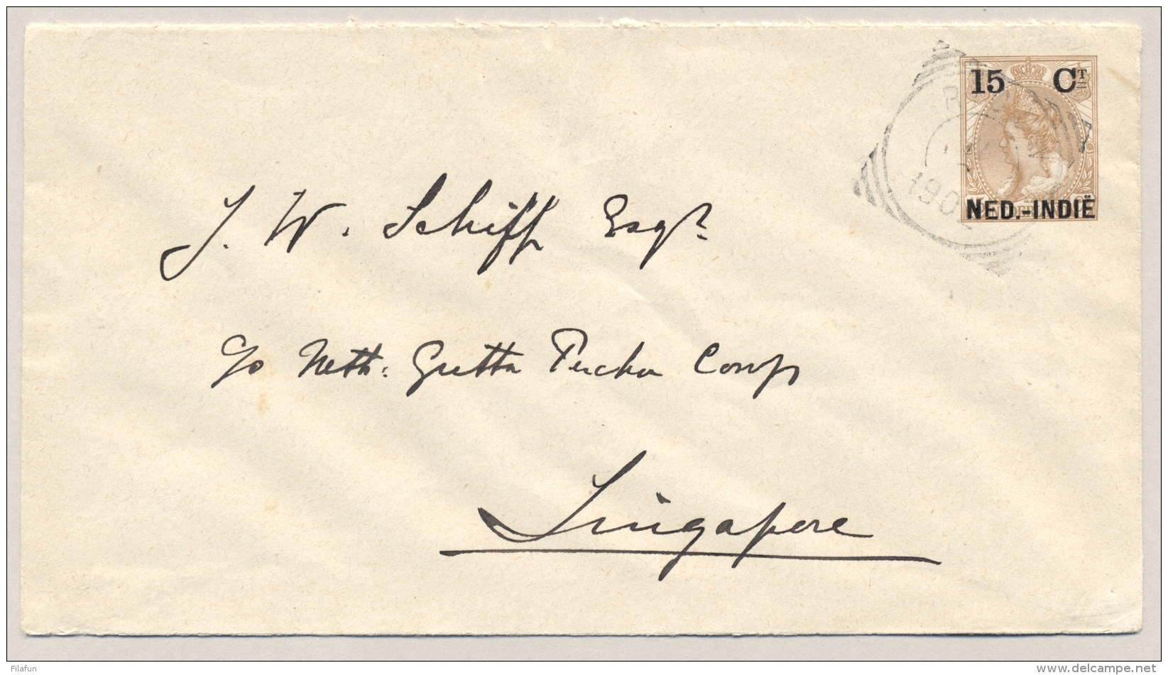 Nederlands Indië - 1902 - 15 Cent Bontkraag Met Opdruk, Envelop G16  Van VK Riouw Naar Singapore - Nederlands-Indië