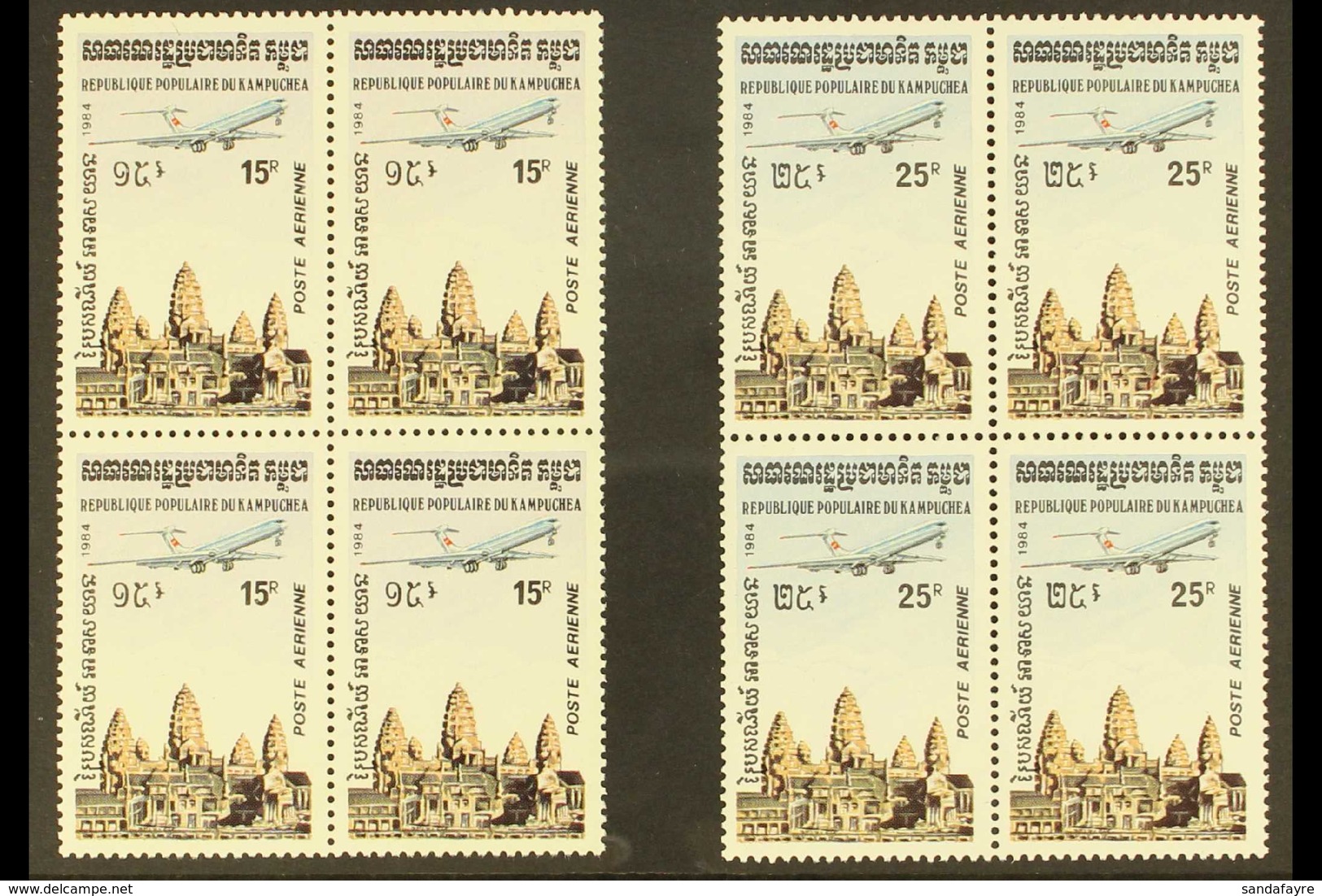 AIRCRAFT CAMBODIA 1984 Air Complete Set (Yvert 32/35, SG 504/07), Superb Never Hinged Mint BLOCKS Of 4, Fresh. (4 Blocks - Unclassified