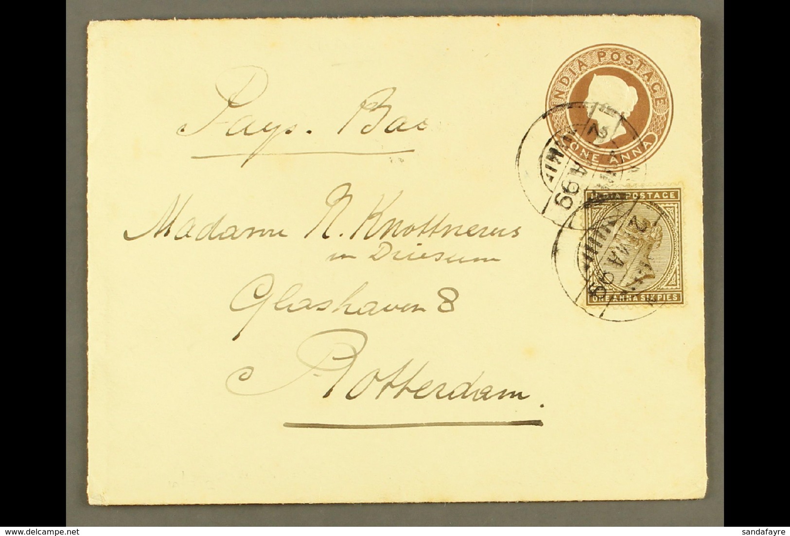 1899 (21 Mar) India 1a Postal Stationery Envelope, Uprated With 1a6p Adhesive, To Rotterdam, Tied By Aden Cds's; On Reve - Aden (1854-1963)