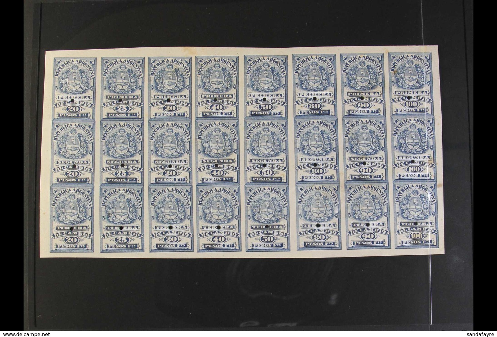 REVENUES BILLS OF EXCHANGE 1878 IMPERF PROOFS SE-TENANT BLOCK Of 24 (8x3) Printed In Blue On Ungummed Thick Card, Contai - Autres & Non Classés