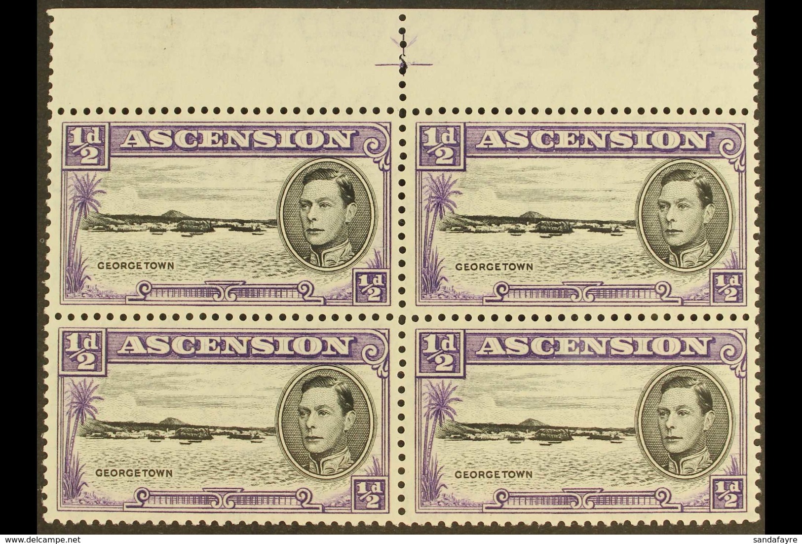 1944 ½d Black And Bluish Violet Perf. 13, Upper Marginal Central Cross Block Of Four, The Lower Left Stamp Showing Elong - Ascension (Ile De L')