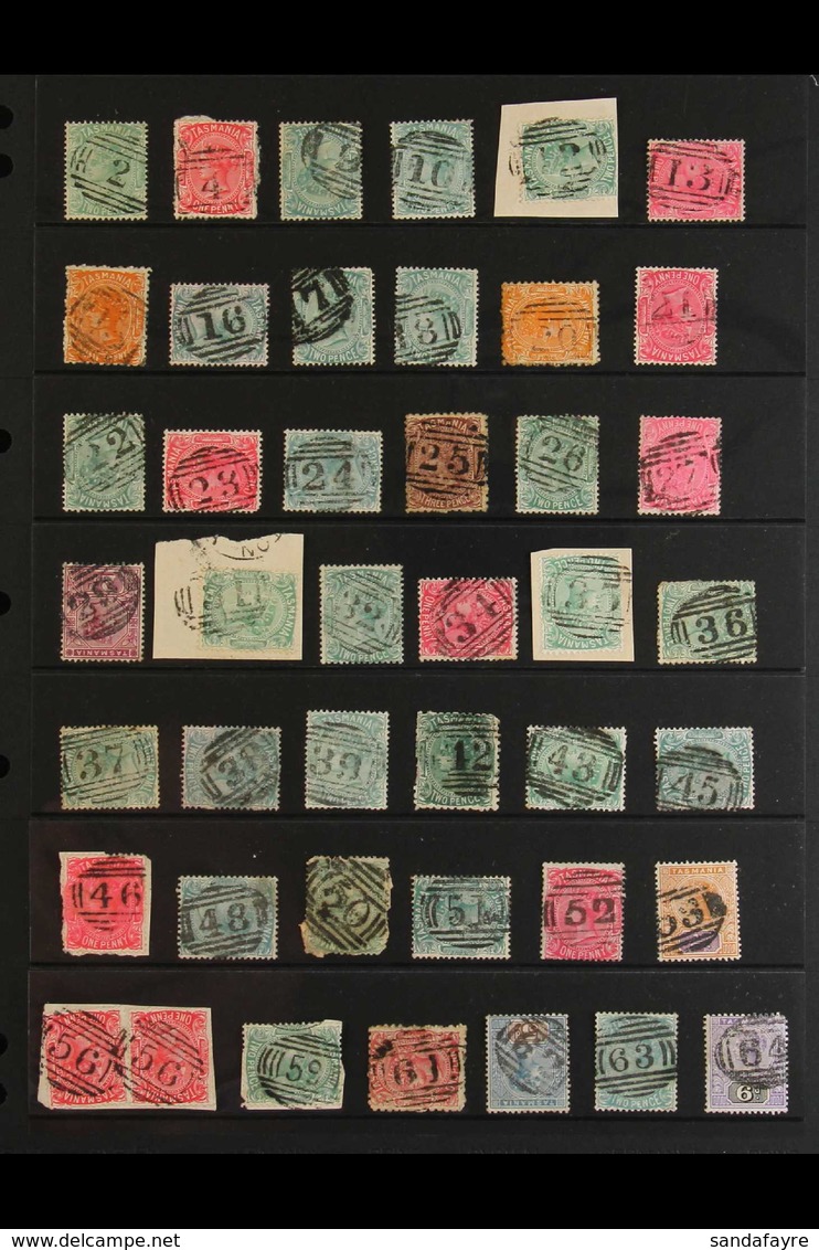 TASMANIA BARRED NUMERAL POSTMARKS Collection On QV Stamps (some On Piece) - A Remarkable ALL DIFFERENT Array Of Clear St - Autres & Non Classés