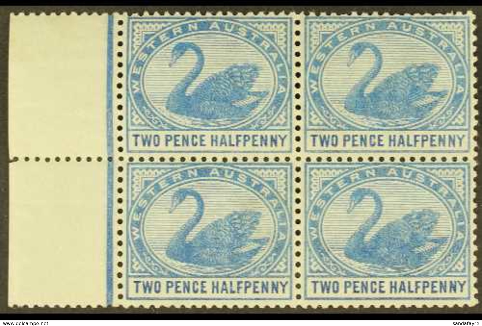 WESTERN AUSTRALIA 1885-93 2½d Blue, Wmk Crown CA, SG 97a, Never Hinged Mint BLOCK OF FOUR With Sheet Margin At Left. Ver - Sonstige & Ohne Zuordnung