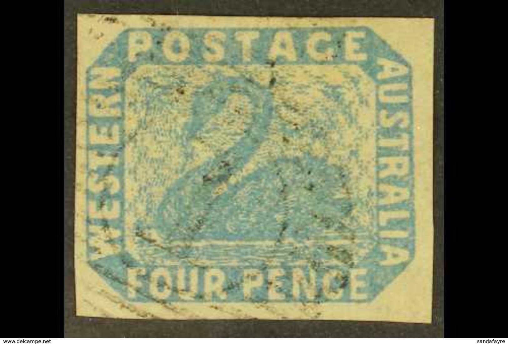 WESTERN AUSTRALIA 1854-55 4d Pale Blue Imperf., SG 3, Very Fine Used With 4 Large Margins & Delicate Numeral Pmk. A Beau - Autres & Non Classés