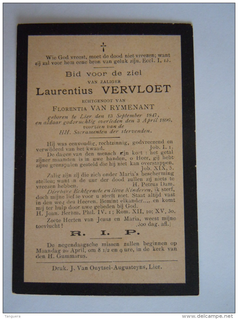 Laurentius Vervloet Echtg Florentia Van Rymenant 1847 1896 Lier Doodsprentje Image Mortuaire - Images Religieuses