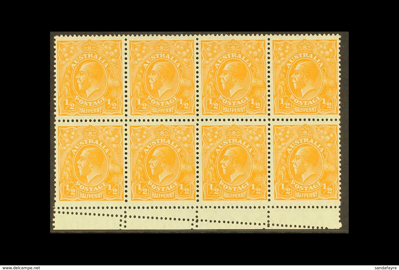 1928 ½d Orange - Perf 13½ X 12½, SG 94, Brusden White 69(9) Marginal Block Of 8 Showing Double Perforation In Margin & R - Autres & Non Classés