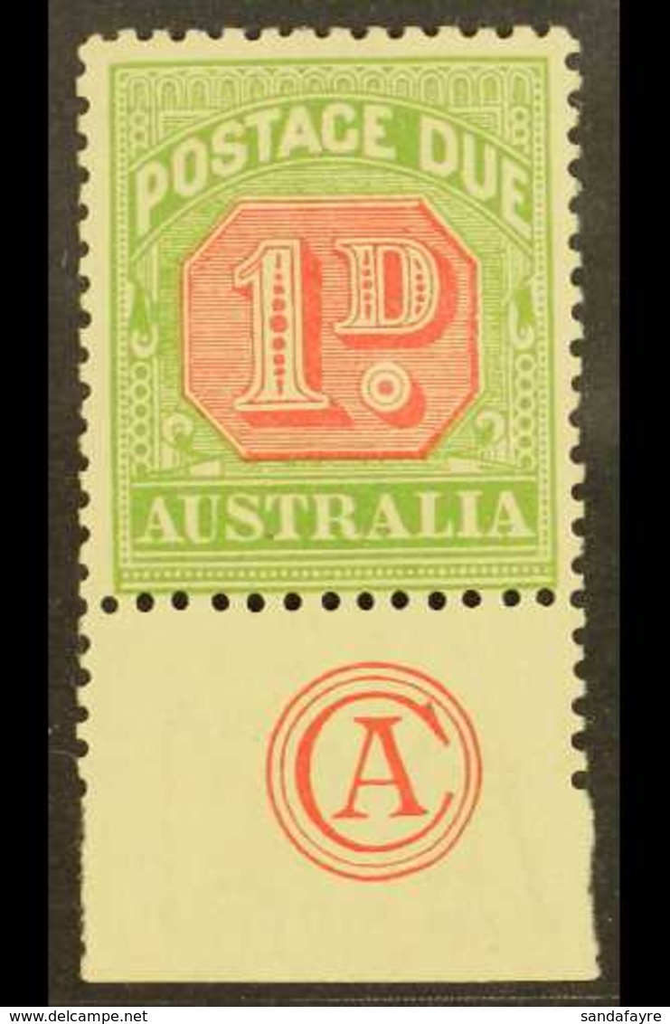 POSTAGE DUES 1909 1d Rosine And Yellow Green, SG D64, Superb Mint With Bottom Margin Showing "CA" Monogram. For More Ima - Autres & Non Classés