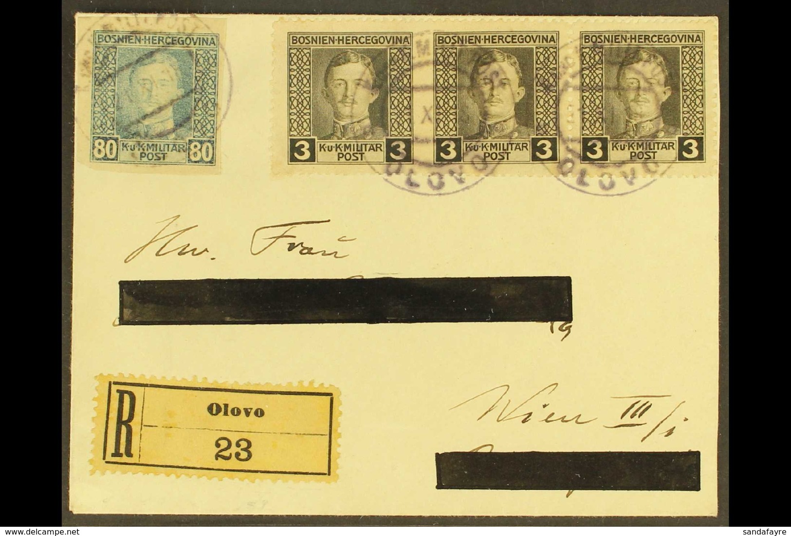 BOSNIA AND HERZEGOVINA 1918 (21 Nov) Registered Cover Addressed To Vienna, Bearing 1917 80pf IMPERF (Michel 136 U) And 3 - Andere & Zonder Classificatie