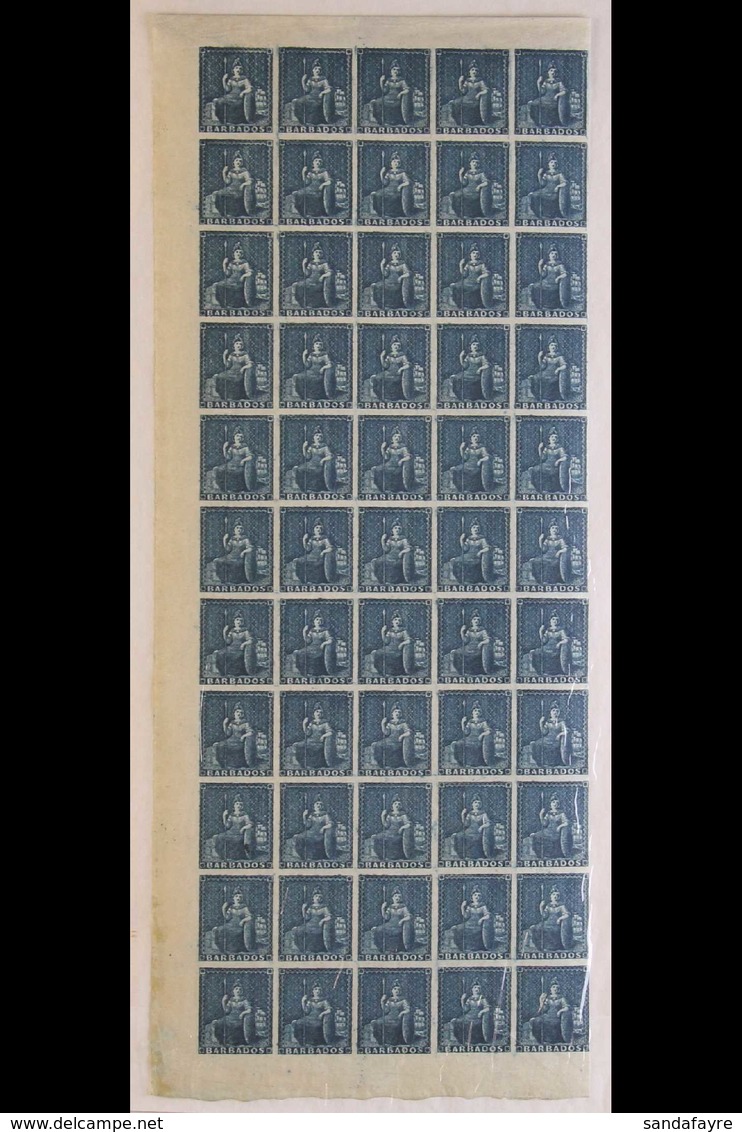 1852-55 (no Value) Slate- Blue Britannia Prepared For Use But Not Issued (SG 5a) Never Hinged Mint HALF SHEET OF FIFTY-F - Barbades (...-1966)