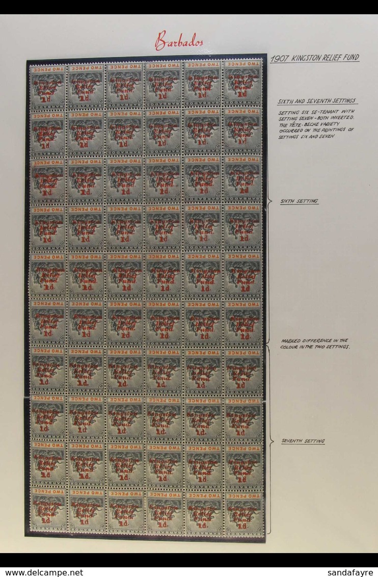 1907 KINGSTON RELIEF FUND, COMPLETE PANE OF SIXTY - Sixth & Seventh Settings In Combination, Ovpt Inverted, No Stop Afte - Barbades (...-1966)