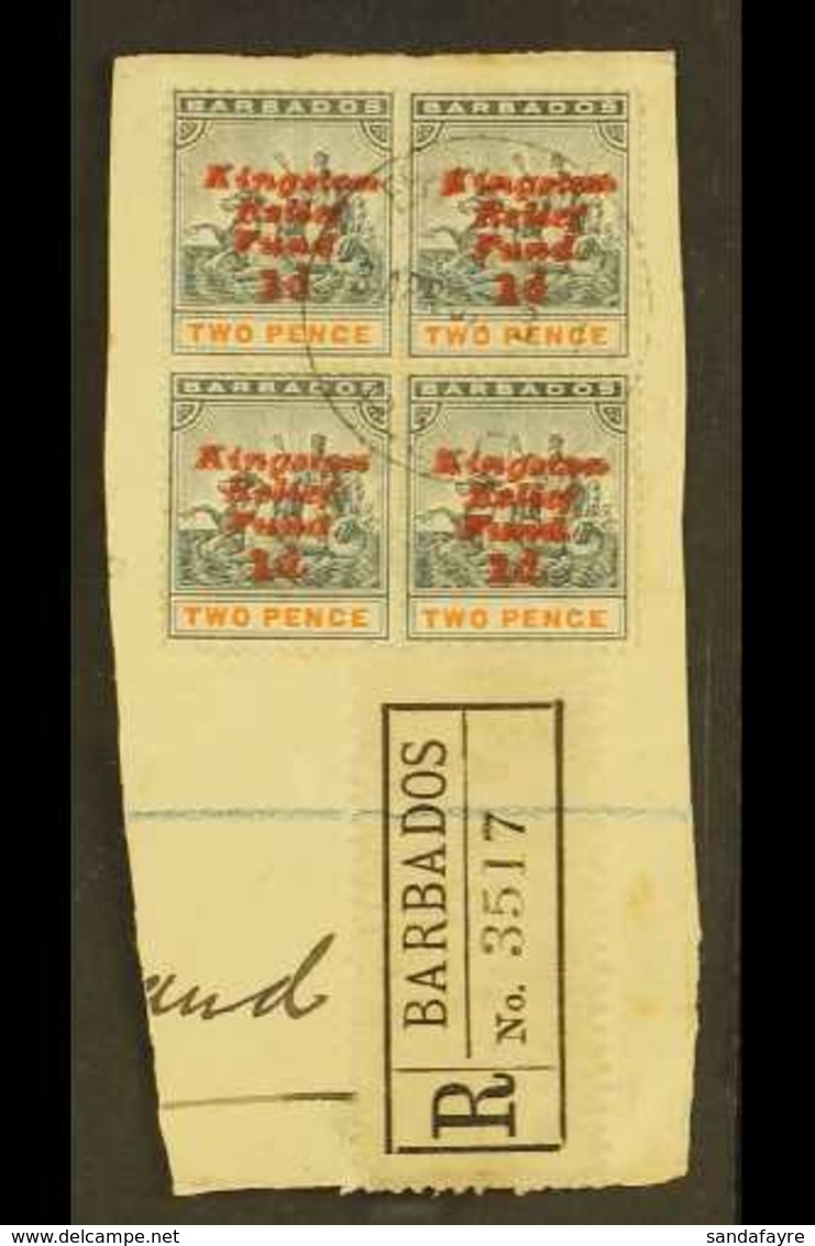 1907 KINGSTON RELIEF FUND (Fifth Setting) Upright Overprint 1d On 2d (SG 153) BLOCK OF FOUR Fine Used On Piece, One Stam - Barbades (...-1966)