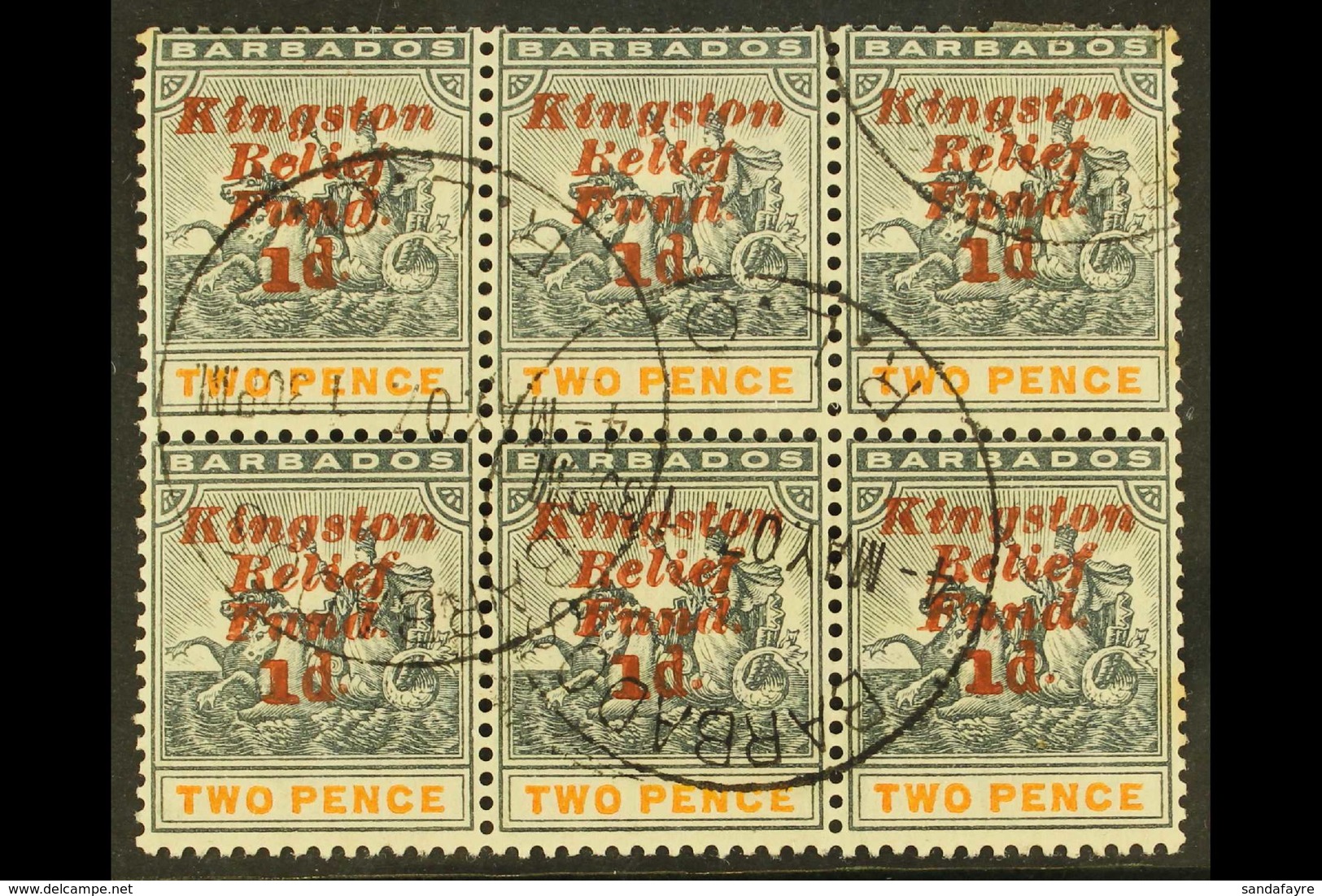 1907 KINGSTON RELIEF FUND (Eighth Setting) Upright Overprint 1d On 2d, SG 153, Fine Used BLOCK OF SIX (3 X 2) Including  - Barbades (...-1966)