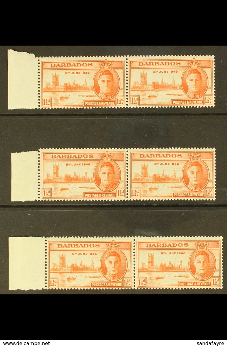 1946 1½d Victory Red Orange TWO FLAGS ON TUG Varieties, SG 262a, Three Never Hinged Mint Left Marginal Pairs, Each With  - Barbados (...-1966)