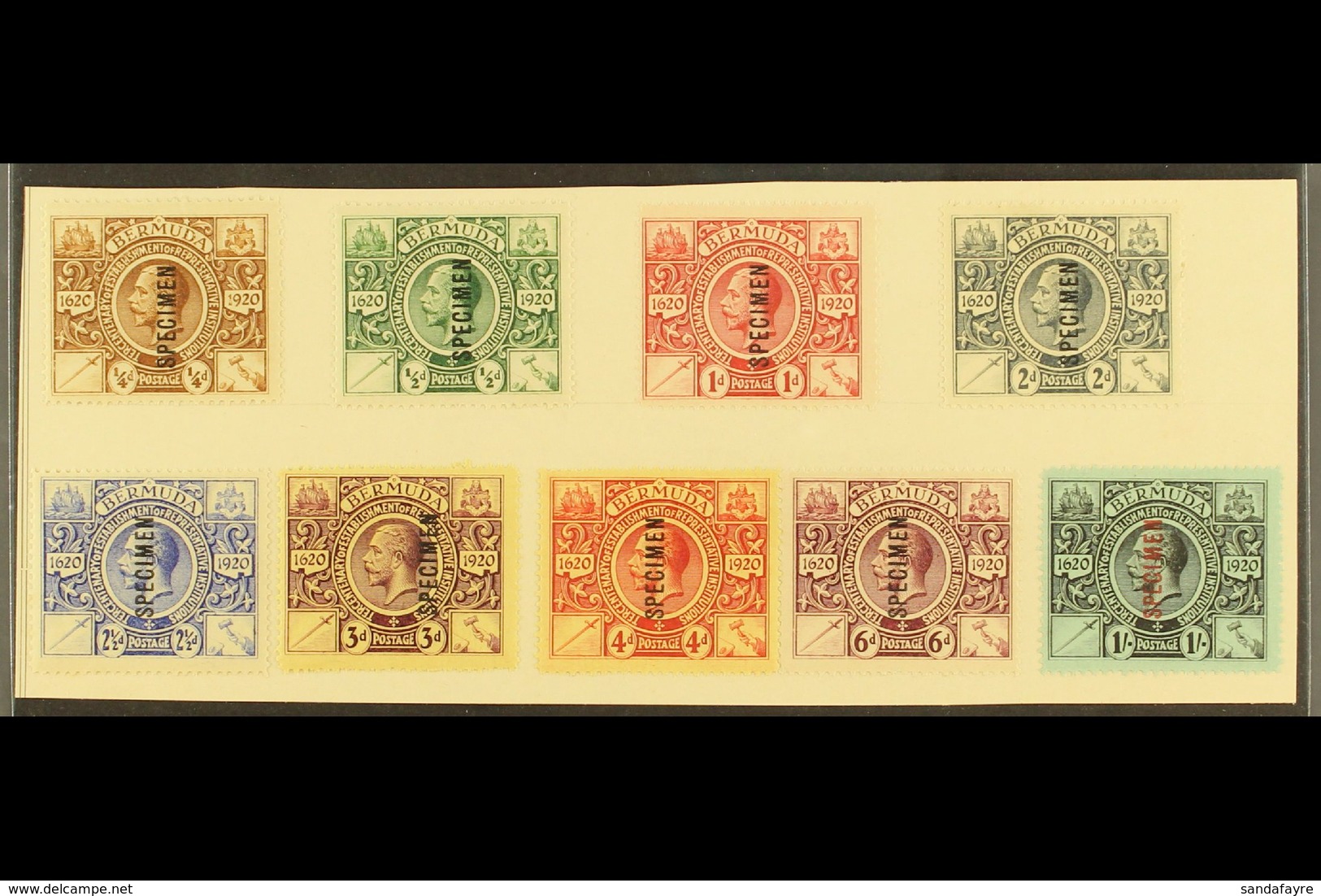 1921 Tercentenary Of Institutions Set Overprinted "Specimen", SG 68s/76s, Very Fine Mint, Mounted On UPU Card. Cat £350  - Bermudes