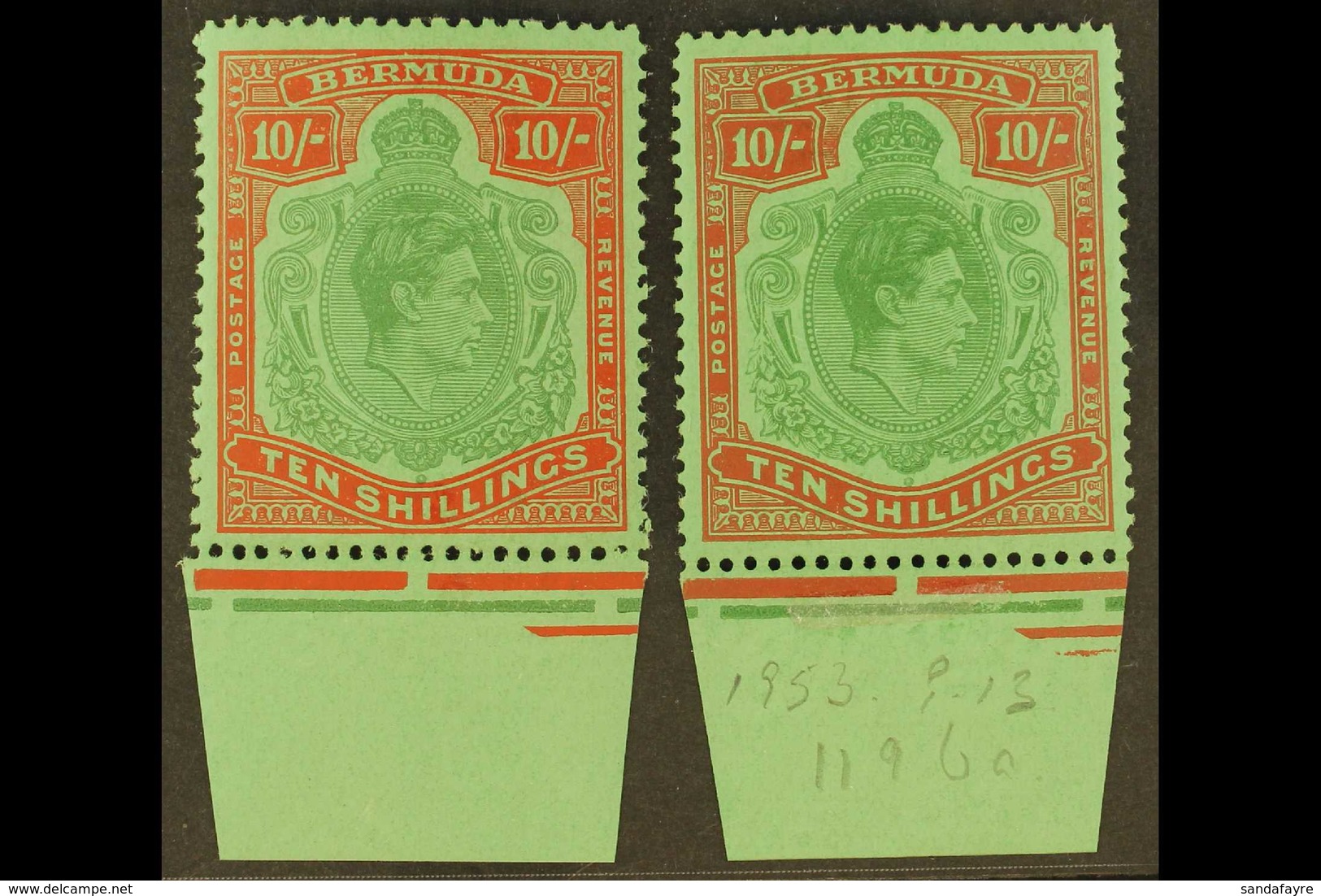 1951-53 10s. Perf 13, The Two Shades, SG 119e/f, Never Hinged Lower Marginal Examples. For More Images, Please Visit Htt - Bermudes
