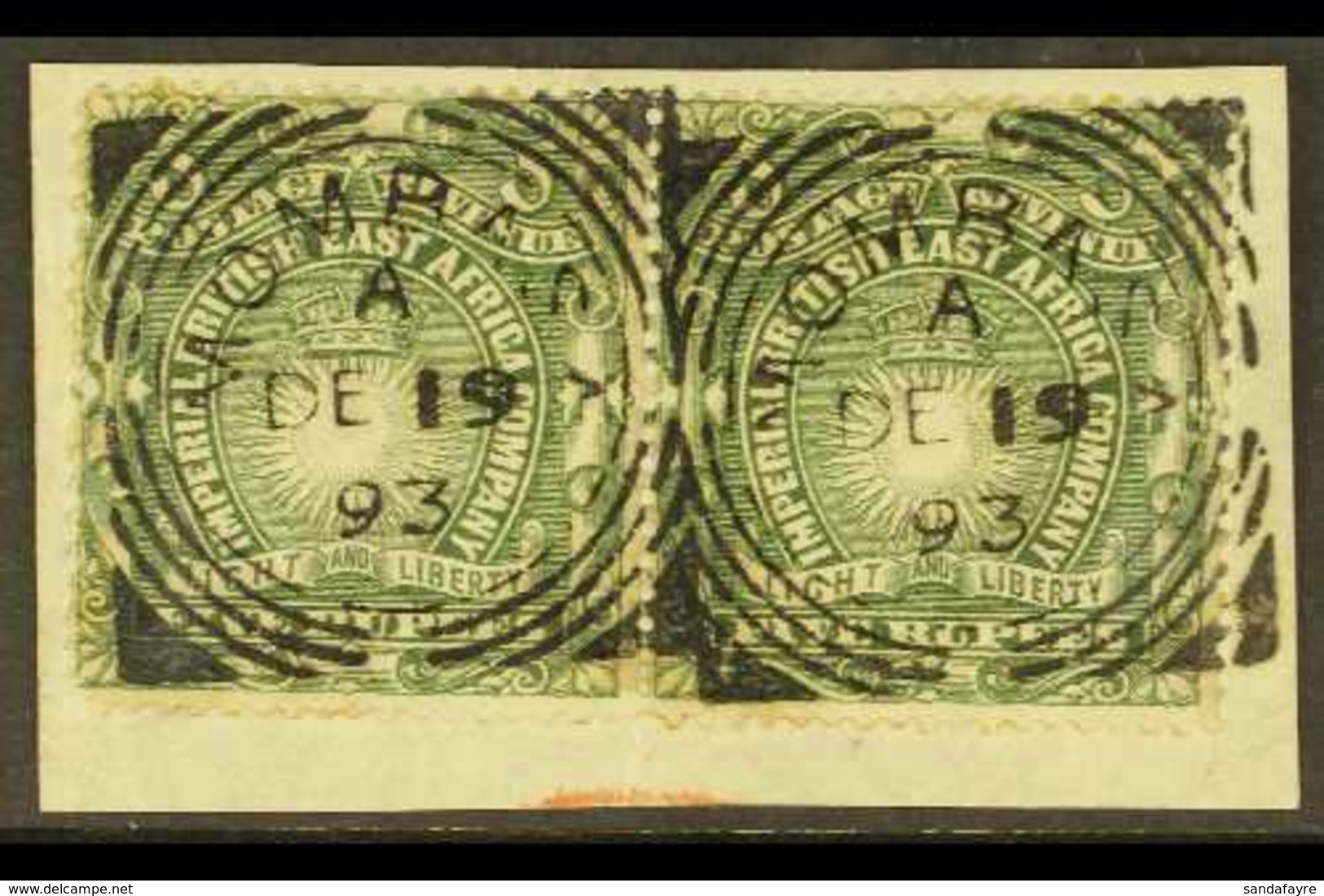 1890 5r Grey-green, SG 19, Horizontal Pair On A Piece, Tied Neat Upright Mombasa Squared Circles Of December 1893, Scarc - Britisch-Ostafrika