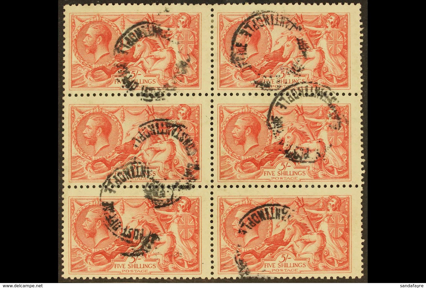 BRITISH CIVILIAN POST OFFICE IN CONSTANTINOPLE 1920-21 5s Rose-carmine Bradbury Seahorses (SG 416), Fine Used BLOCK Of 6 - Levant Britannique