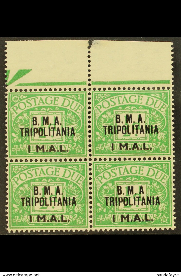 TRIPOLITANIA POSTAGE DUES 1948 1L On ½d Emerald, Marginal Block Of 4, One Copy Showing The Variety "No Stop After A", SG - Italienisch Ost-Afrika