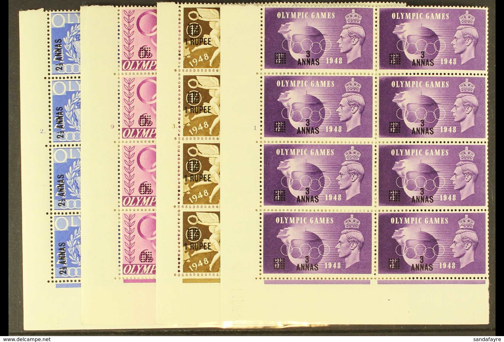 1948 Olympic Games Cylinder Blocks Of 8 Set, SG 27/30, 3a On 3d With "Crown Flaw" (SG 28a), 1r On 1s With Small Corner C - Bahrein (...-1965)