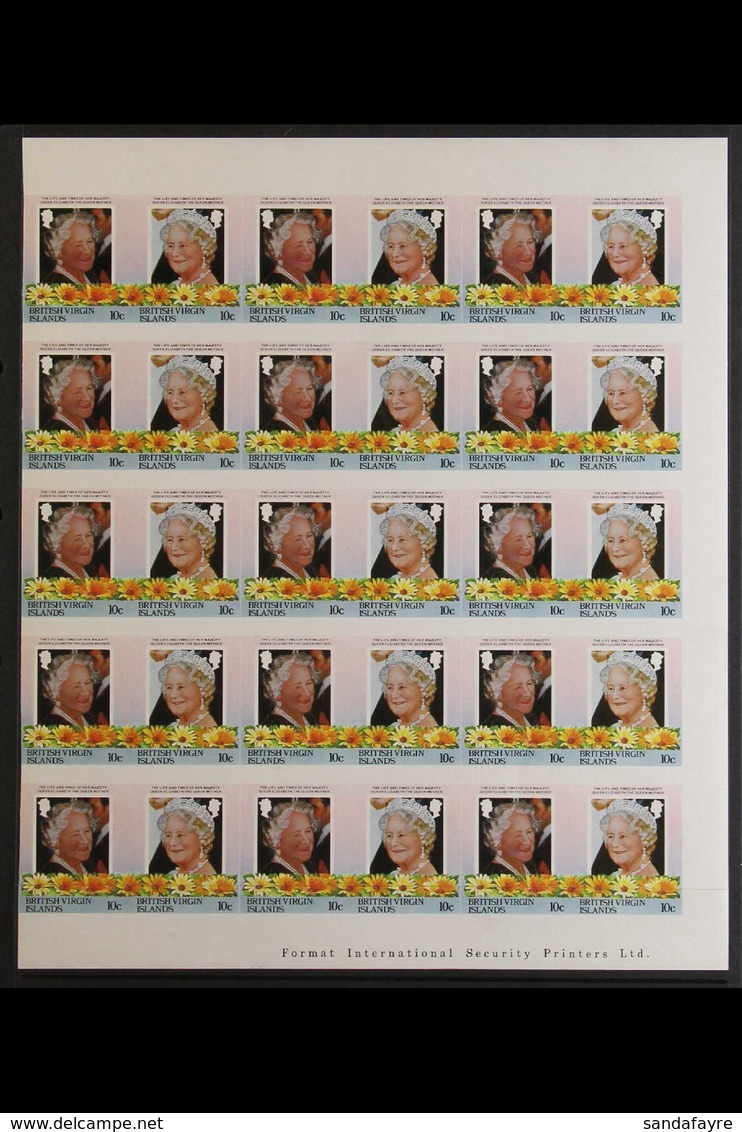 1985 IMPERF NHM MULTIPLES Life & Times Of The Queen Mother Set, SG 579A/86A, In Imperforate Se-tenant Pair Blocks Of 30  - Iles Vièrges Britanniques